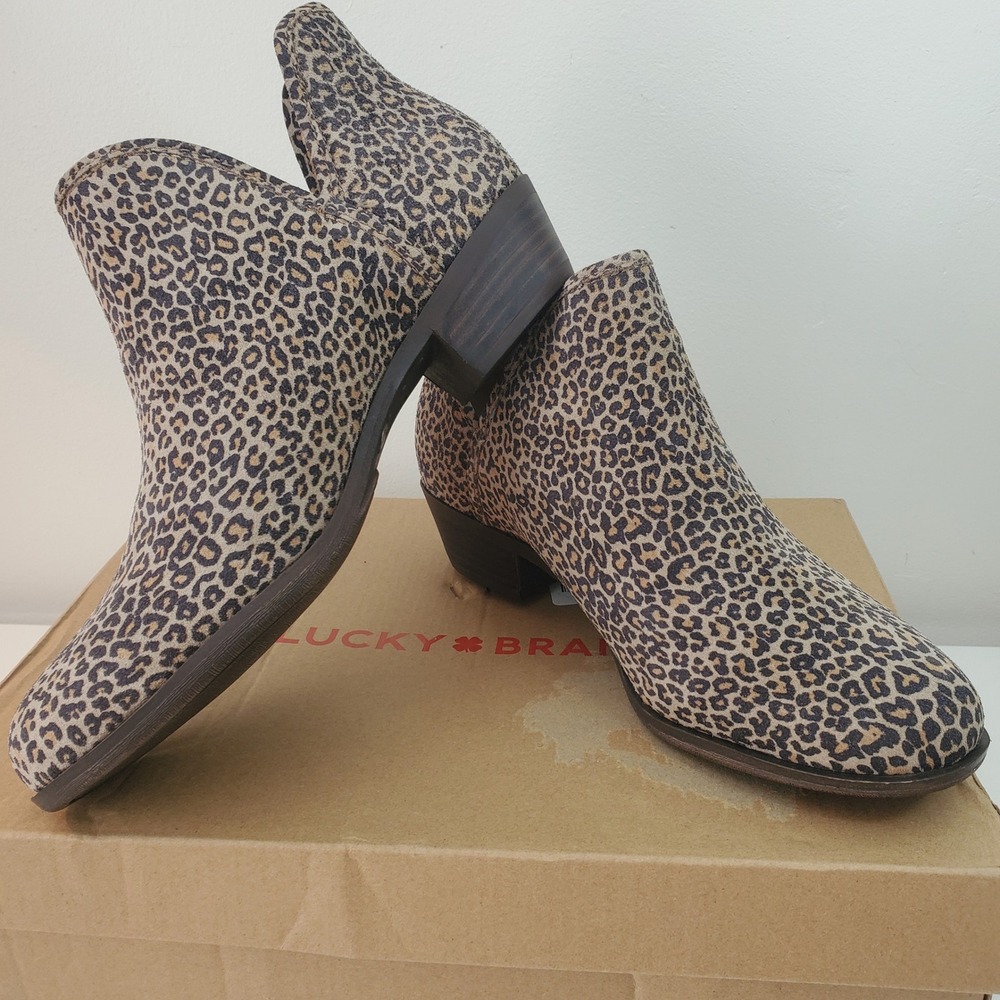 Lucky Brand Baley Leopard Print Leather Ankle Booties Womens 9 M Tan Black